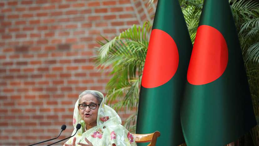Sheikh Hasina, the newly elected Prime Minister of Bangladesh and Chairperson of Bangladesh Awami League, gestures during a meeting with foreign observers and journalists at the Prime Minister's residence in Dhaka