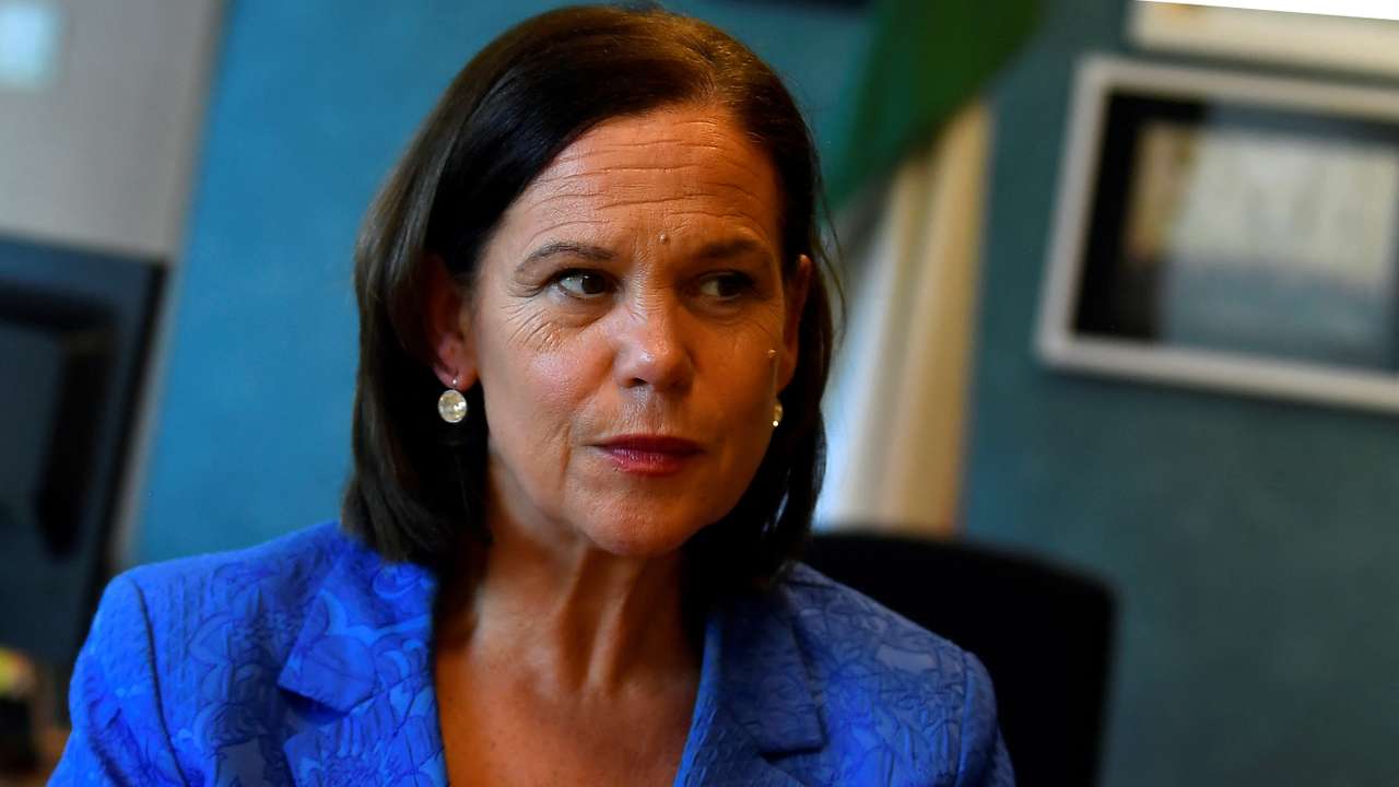 FILE PHOTO: Sinn Fein leader Mary Lou McDonald speaks during an interview, in Dublin