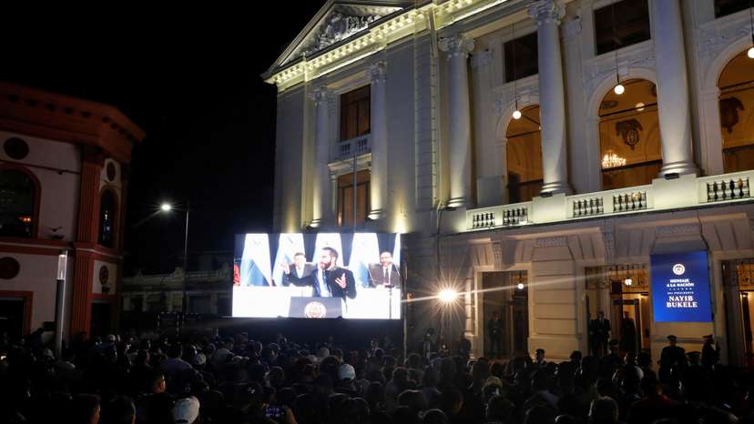 El Salvador's President Nayib Bukele delivers a speech to mark the first year of his second term in office, in San Salvador