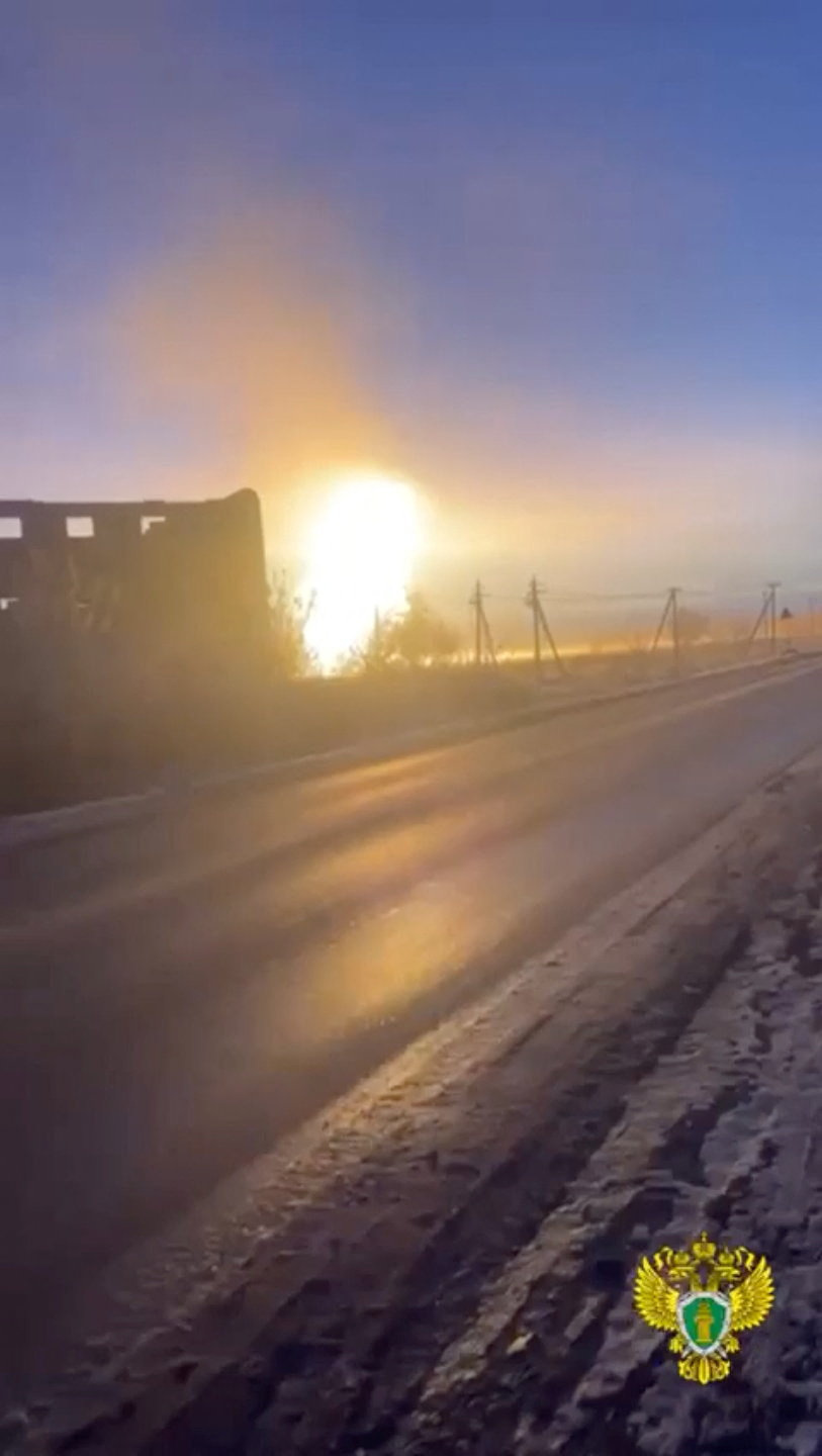 A blaze erupts after an accident on an underground section of a gas pipeline in the Omsk Region