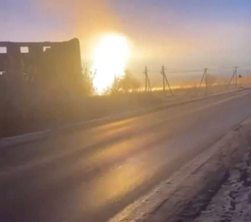 A blaze erupts after an accident on an underground section of a gas pipeline in the Omsk Region