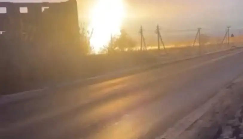 A blaze erupts after an accident on an underground section of a gas pipeline in the Omsk Region