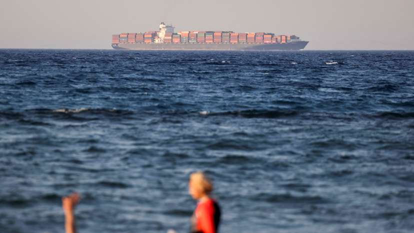 A container ship crosses the Gulf of Suez towards the Red Sea before entering the Suez Canal, in Al-'Ain al-Sokhna