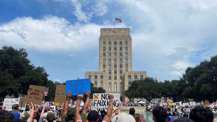 People participate in the "No Kings" rally, in Houston