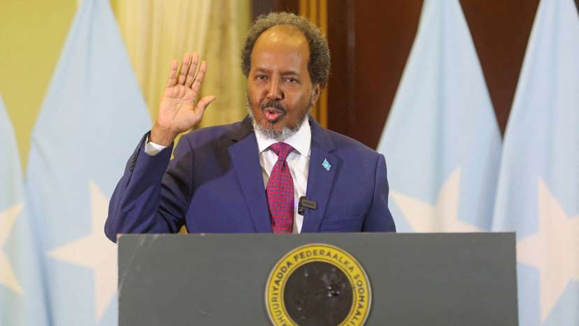 Somalia's President Hassan Sheikh Mohamud addresses the media inside his office in Mogadishu