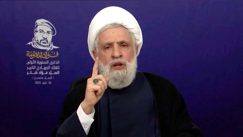 Lebanon’s Hezbollah Chief Naim Qassem gives a televised speech