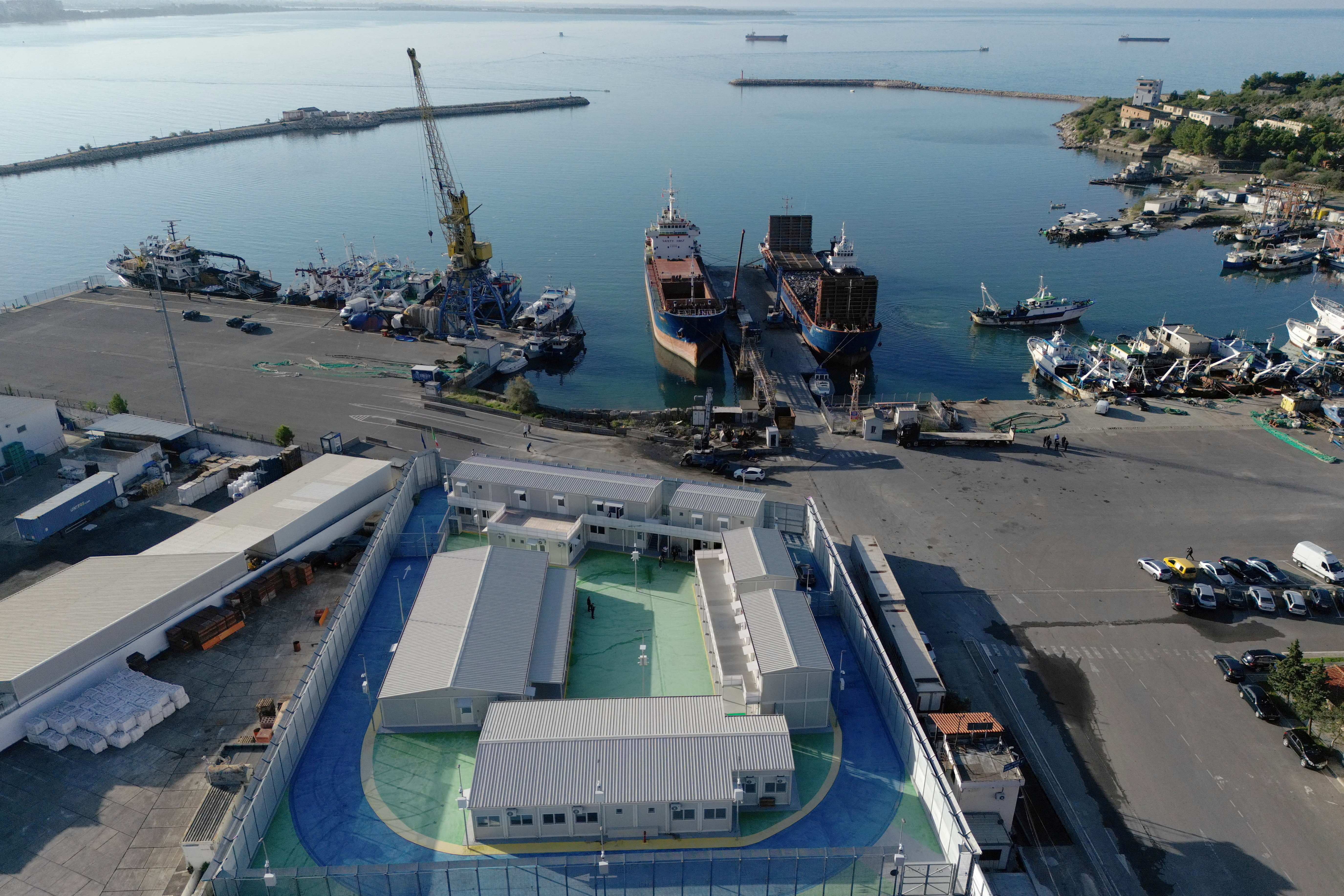 A drone view shows a reception camp for illegal migrants to be brought to Albania from Italy, in Shengjin