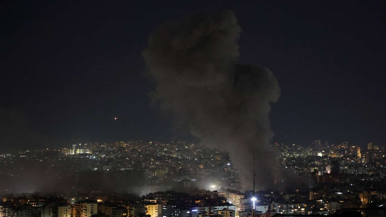 Israeli strike on Beirut's southern suburbs, after the Israeli military issued an evacuation warning for the area, as seen from Baabda