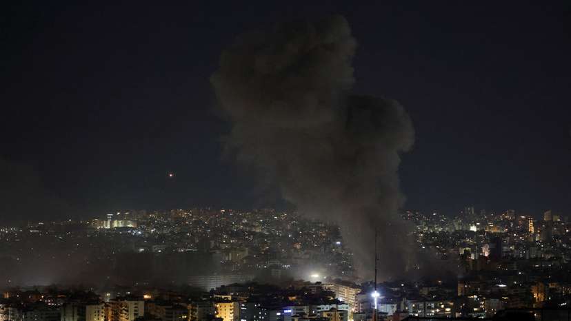 Israeli strike on Beirut's southern suburbs, after the Israeli military issued an evacuation warning for the area, as seen from Baabda