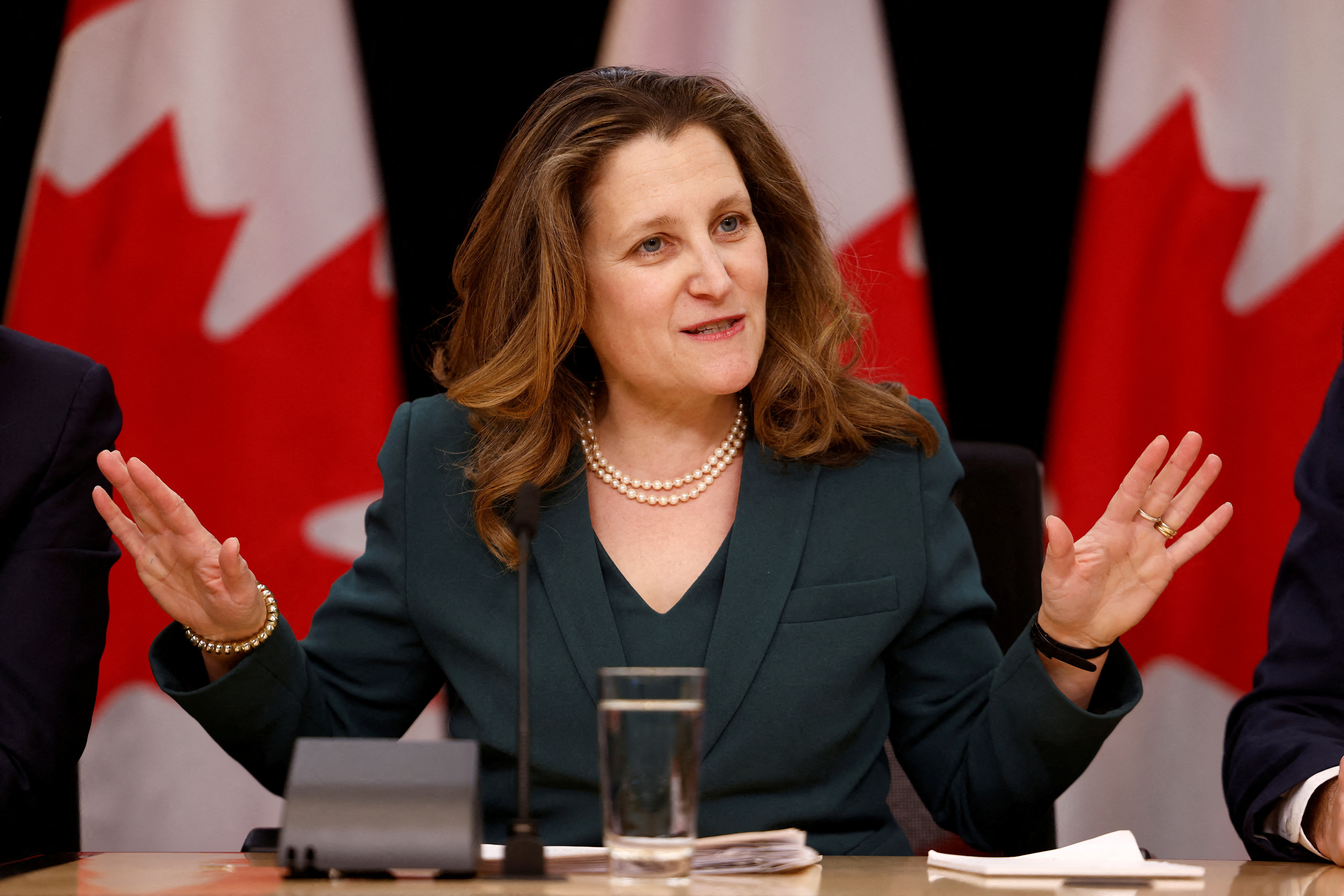 FILE PHOTO: Canada's Deputy Prime Minister and Minister of Finance Chrystia Freeland takes part in a press conference in Ottawa