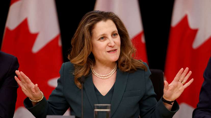 FILE PHOTO: Canada's Deputy Prime Minister and Minister of Finance Chrystia Freeland takes part in a press conference in Ottawa
