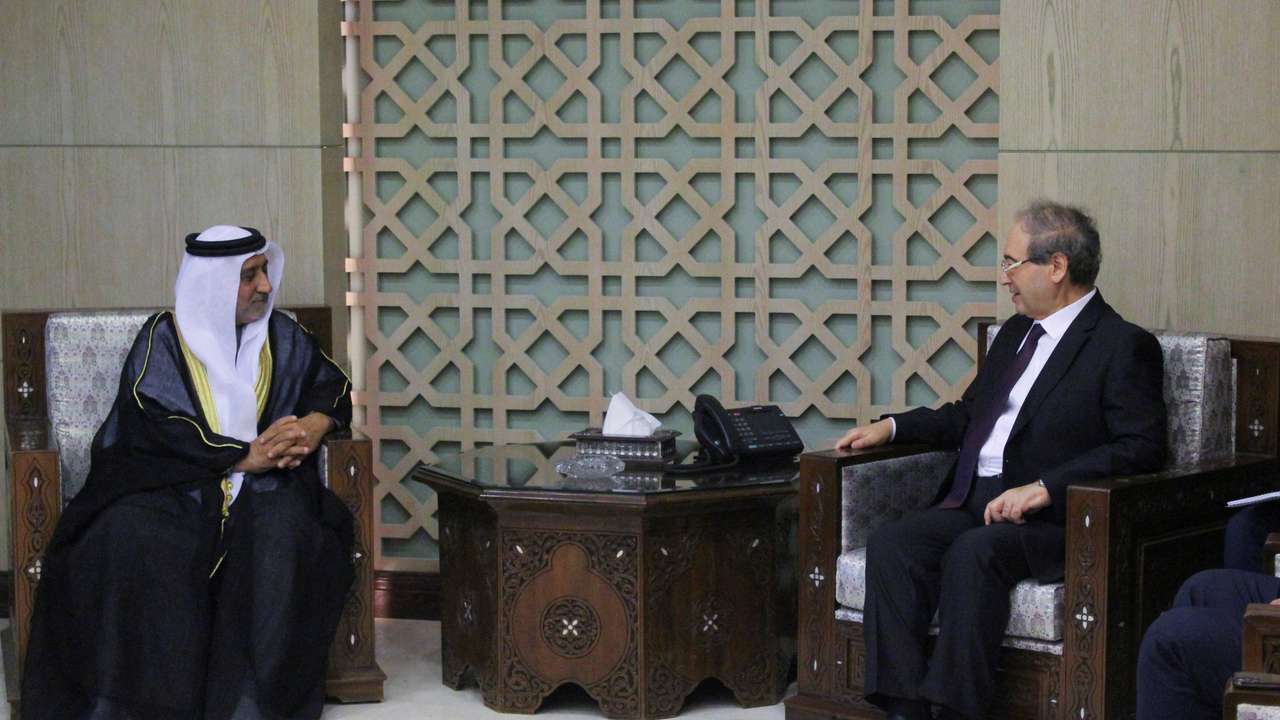 Syrian Foreign Minister Faisal Mekdad meets with new ambassador of the United Arab Emirates to Syria, Hassan al-Shehi, in Damascus