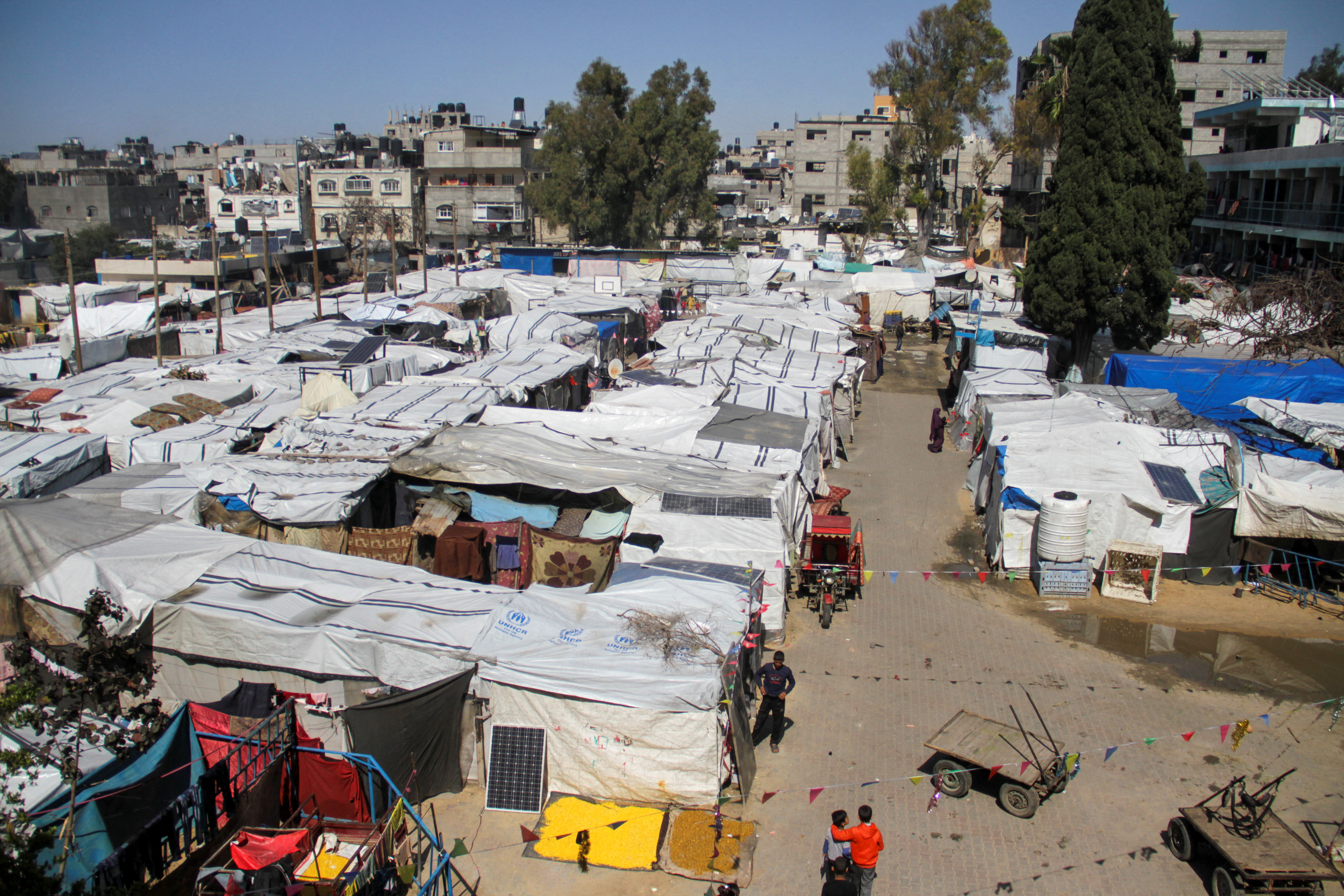 Displaced Palestinians shelter at an UNRWA school in Jabalia refugee camp in the northern Gaza Strip