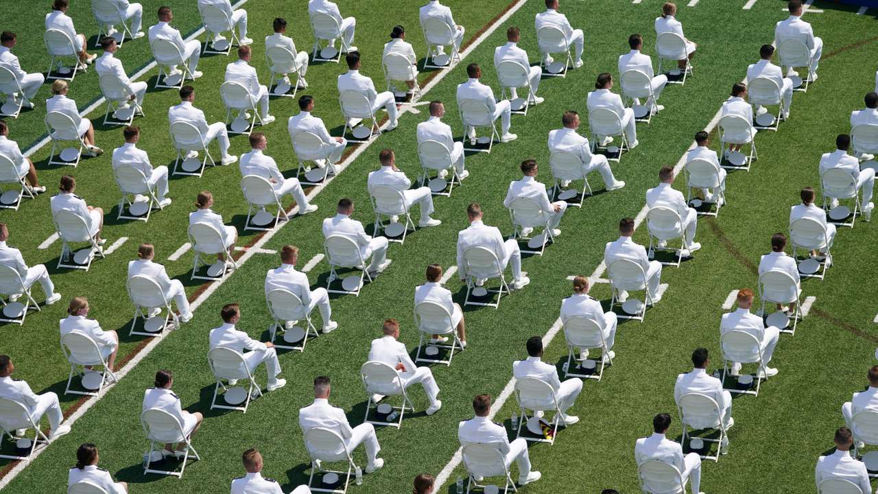 Cadets attend the U.S. Coast Guard Academy commencement ceremony in New London, Connecticut