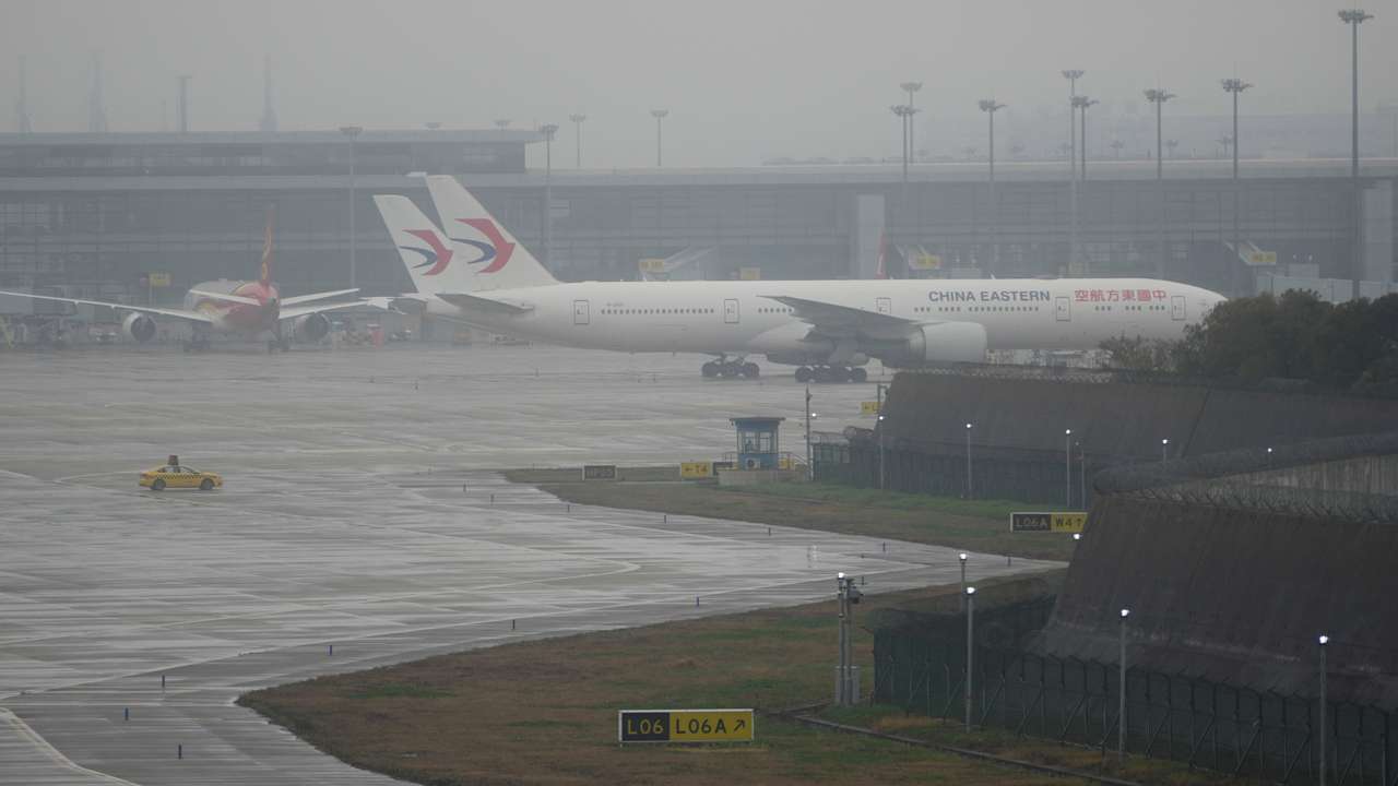 China Eastern Airlines aircrafts are parked at Pudong International Airport in Shanghai