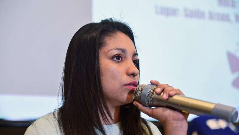 Lilian, a woman sentenced to 30 years in prision holds a press conference after her release, in San Salvador