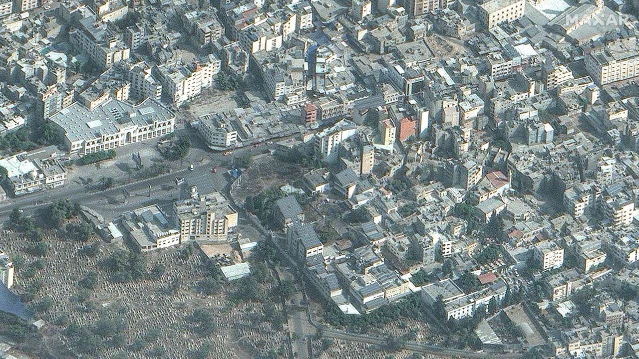 A satellite image shows Al-Ahli hospital