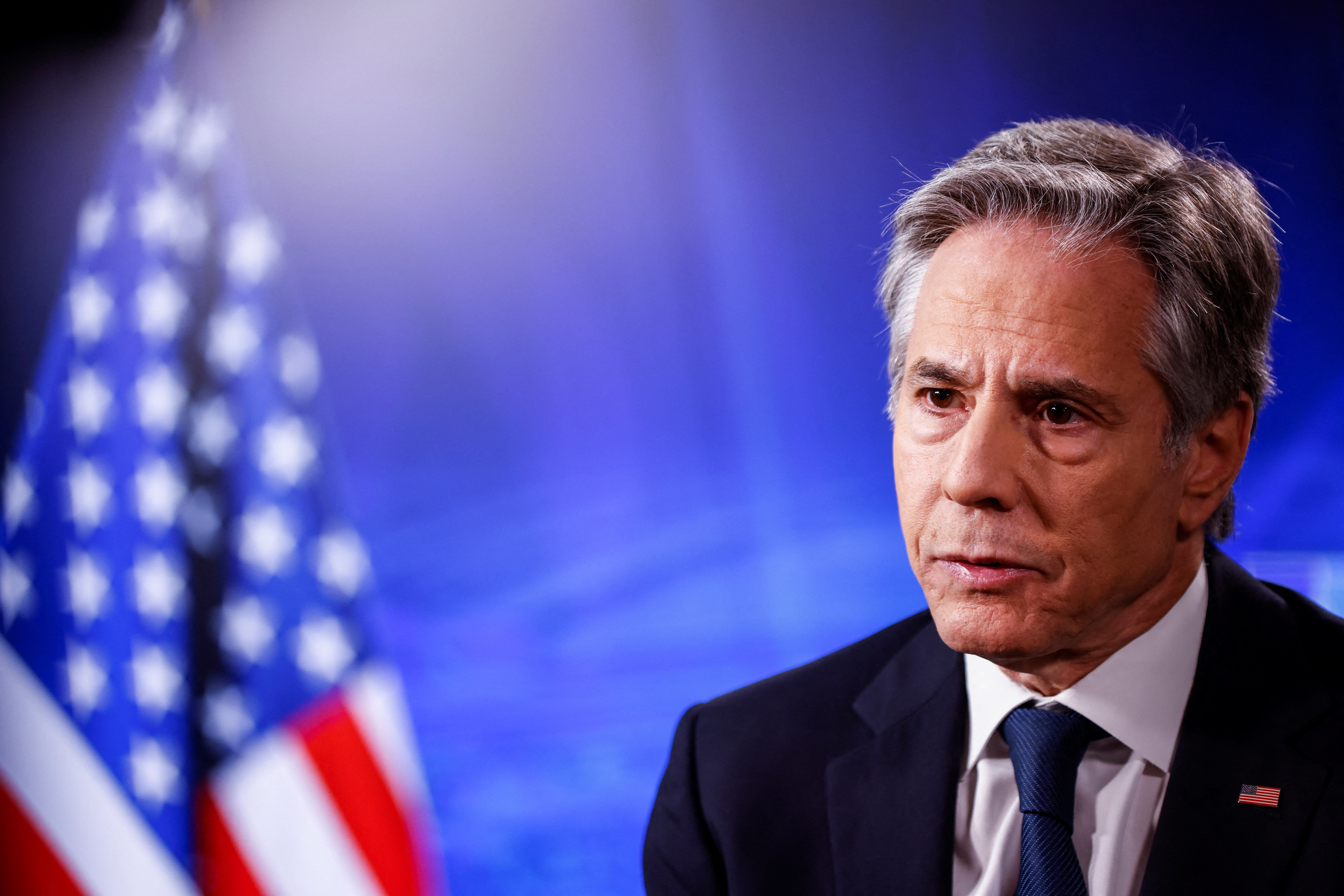 U.S. Secretary of State Antony Blinken attends an interview, in Brussels