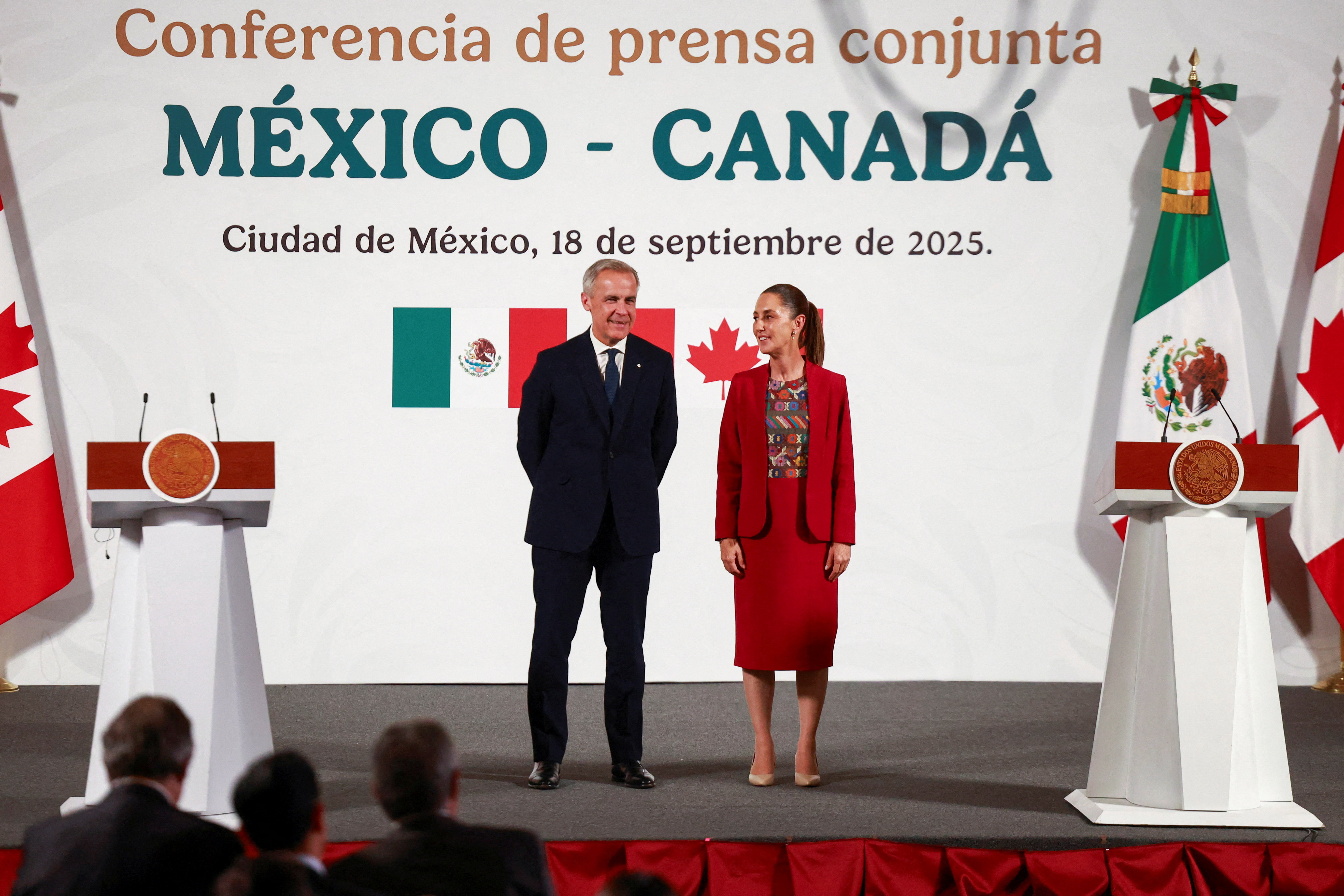 Mexican President Claudia Sheinbaum and Canadian PM Mark Carney hold a press conference, in Mexico City