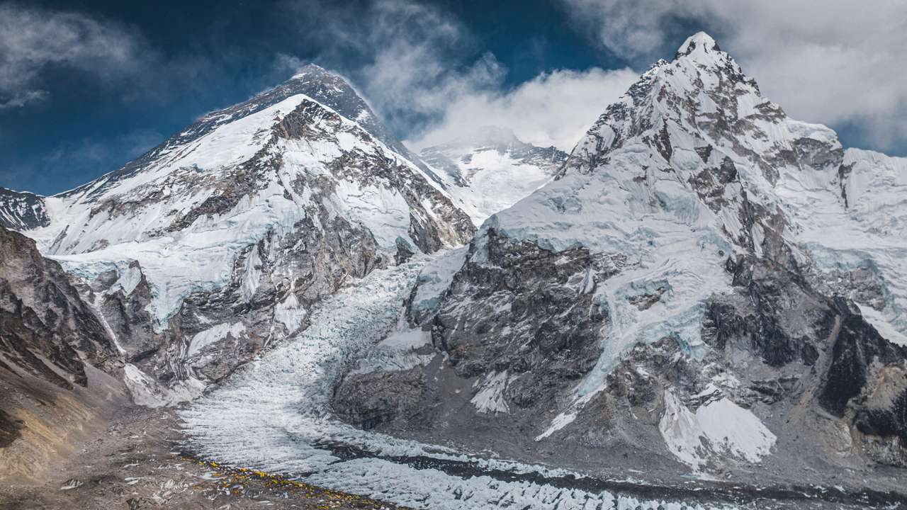 A drone view shows Mount Everest along with Khumbu Glacier and base camp in Nepal