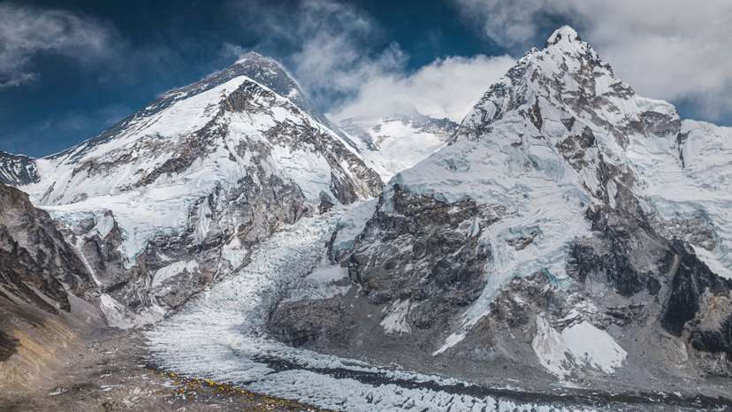 A drone view shows Mount Everest along with Khumbu Glacier and base camp in Nepal