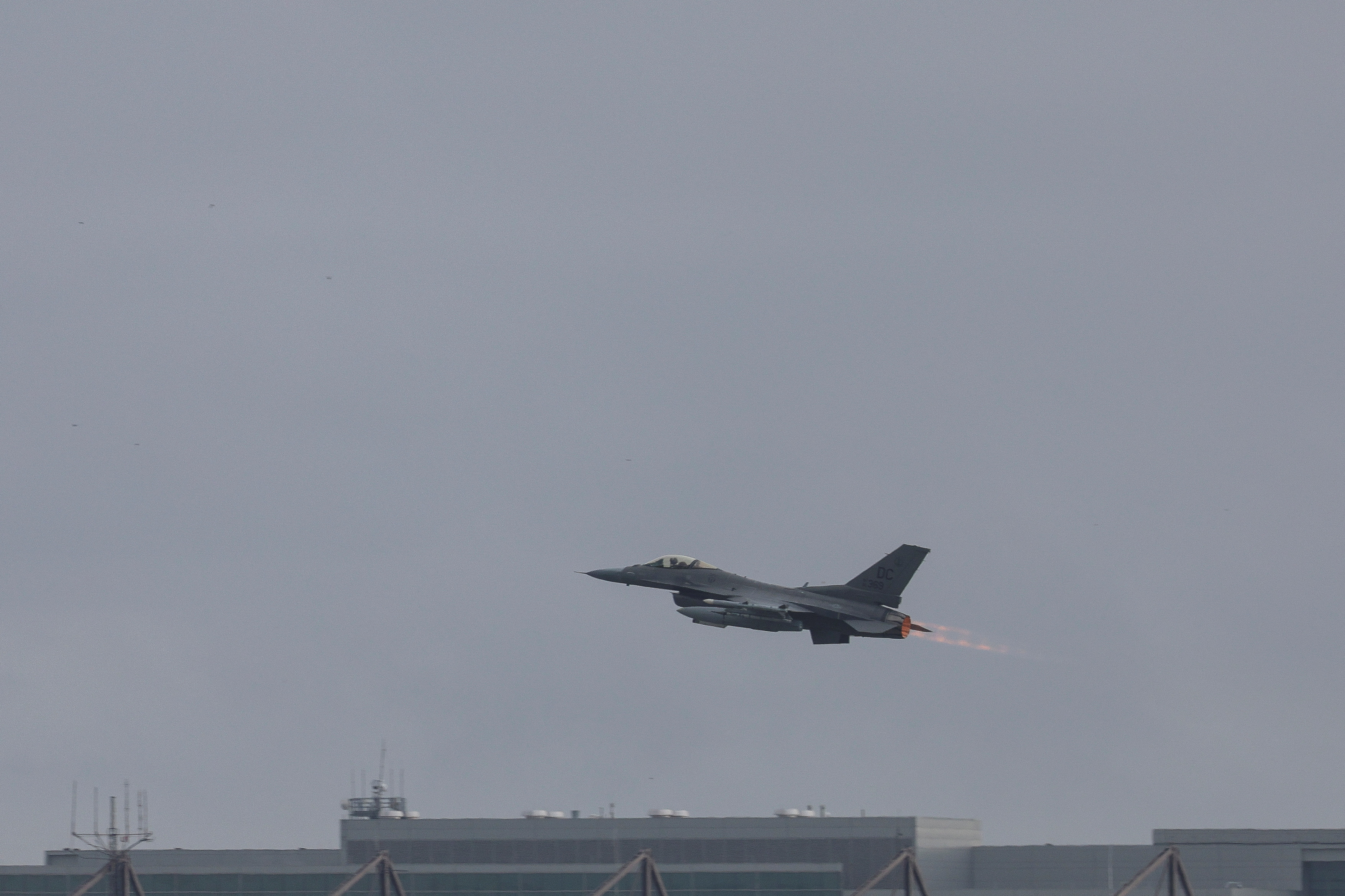 U.S. Air Force F-16 "Falcon" fighter jet takes off at Joint Base Andrews in Maryland