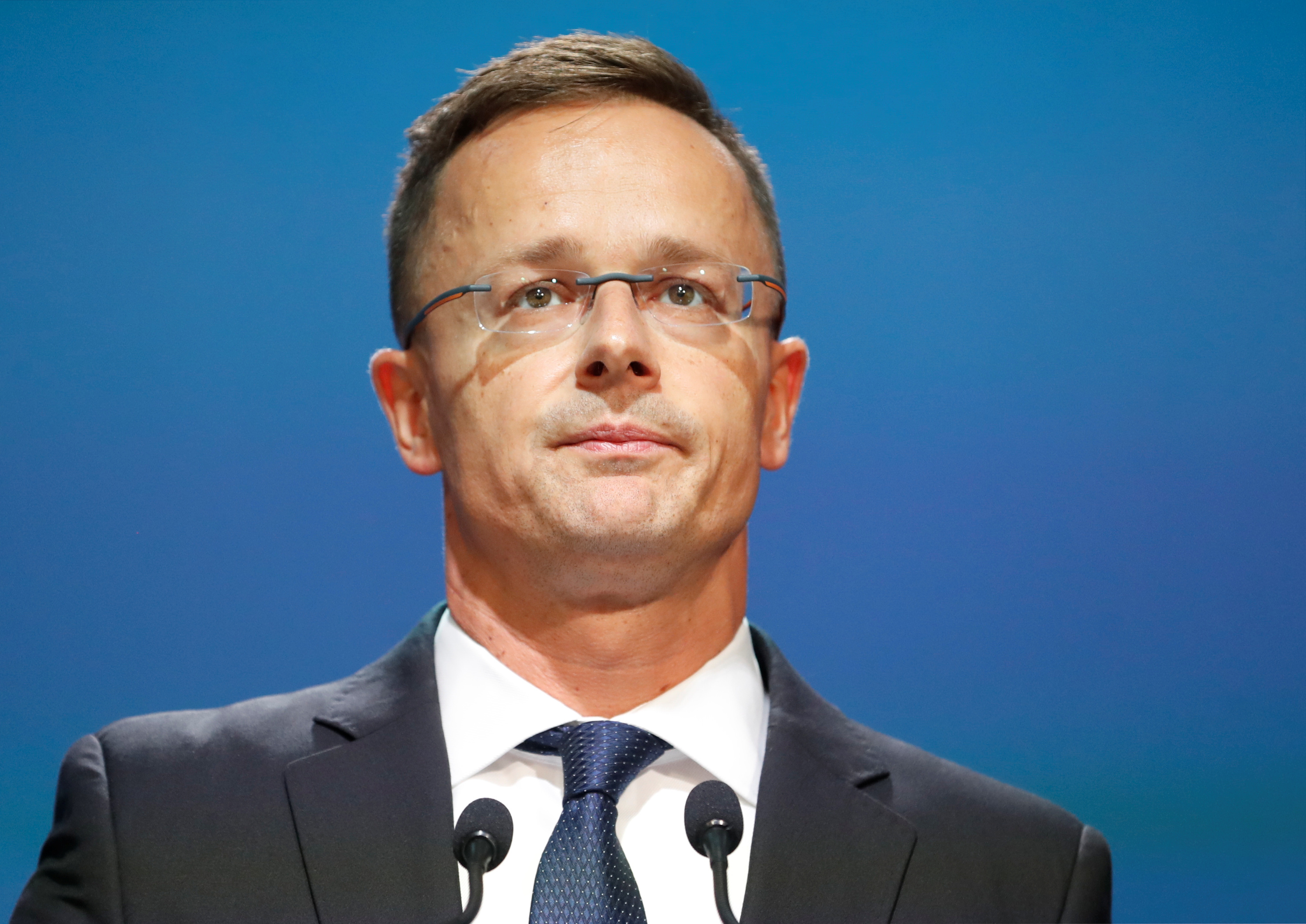 Hungarian Foreign Minister Peter Szijjarto holds a news conference in Budapest