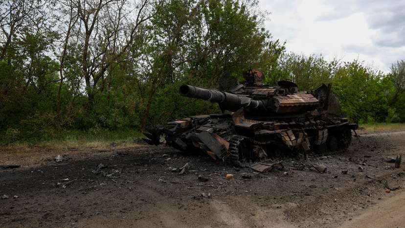 Destroyed tank is seen on a road in Kharkiv region