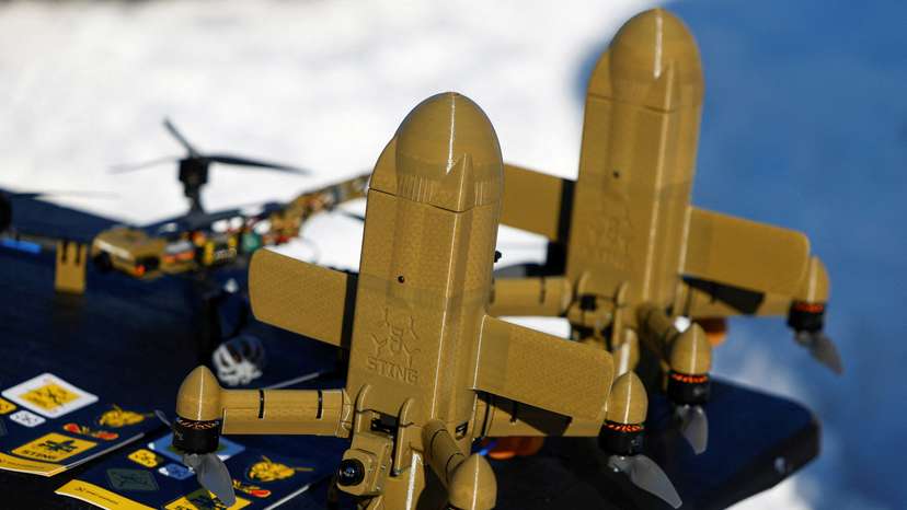 FILE PHOTO: STING FPV interceptor drone is displayed at an exhibition of Ukrainian drone makers in an undisclosed location in Ukraine