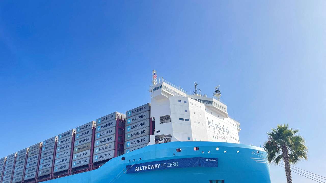 FILE PHOTO: The Alette Maersk, a green methanol-powered ship, is seen docket at the Port of Los Angeles