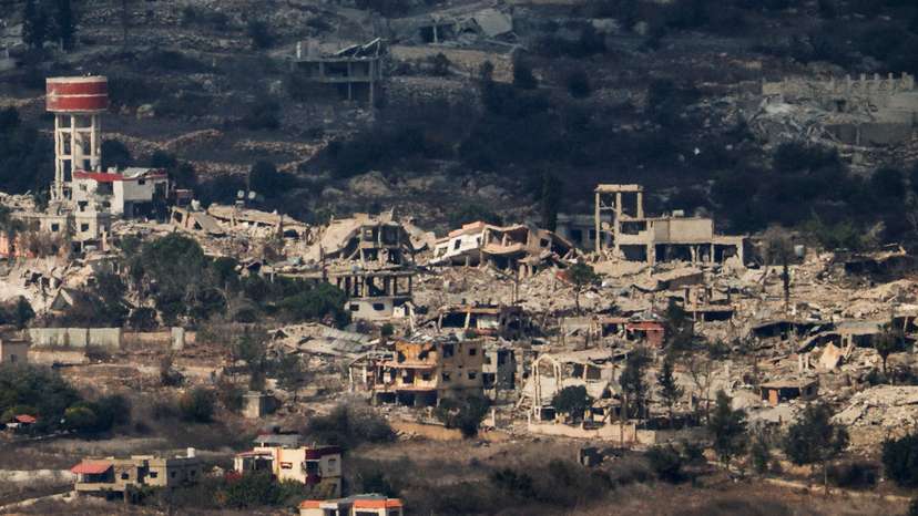 View shows destroyed buildings on the Lebanon's side of the border with Israel, as seen from Mount Addir