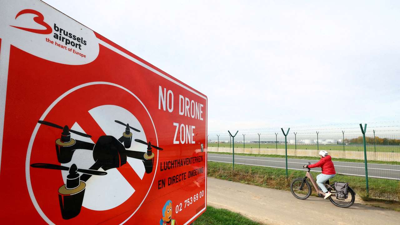 FILE PHOTO: A "No Drone Zone" placard at Brussels interational Airport in Zaventem