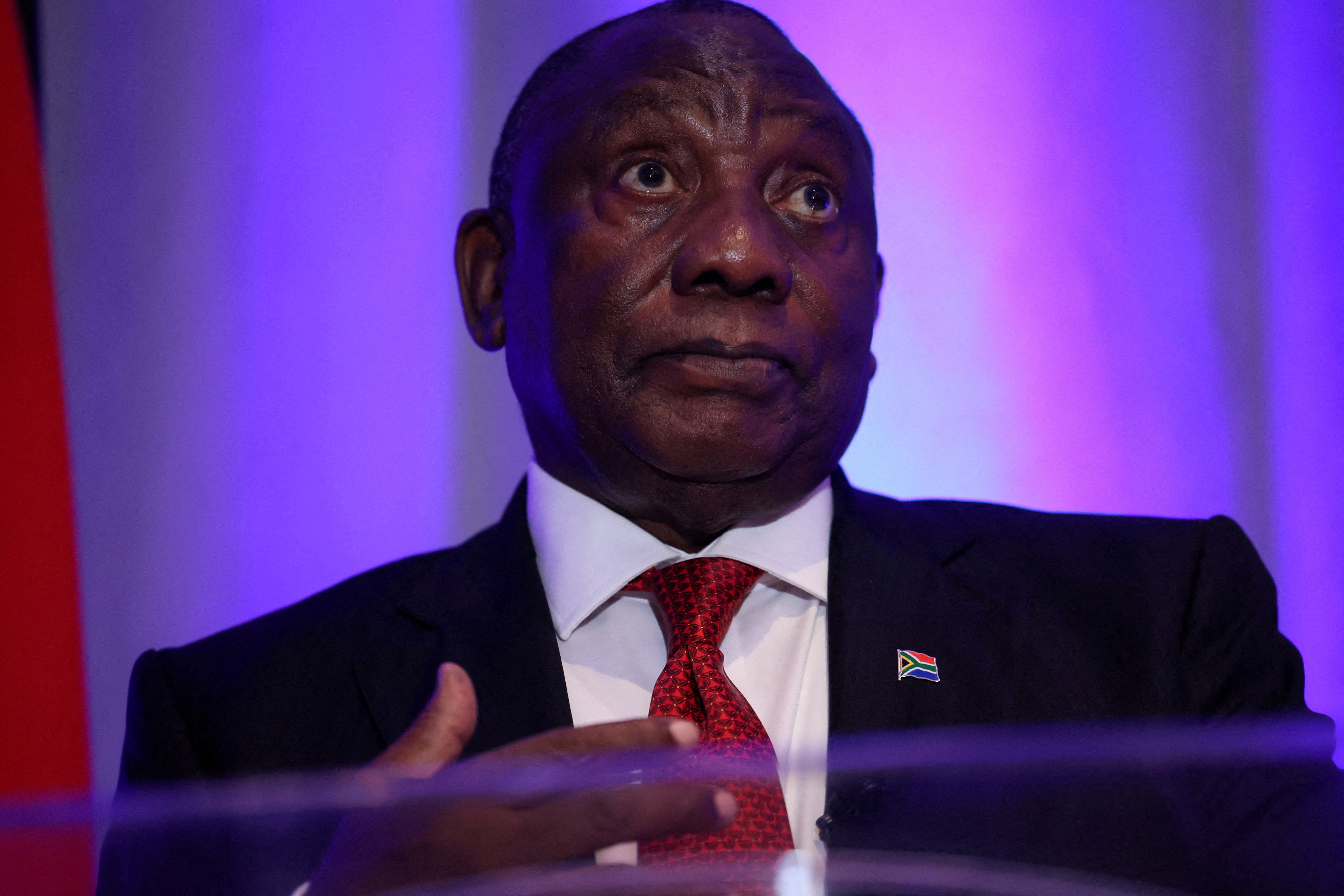 FILE PHOTO: South African President Ramaphosa attends a press conference in Washington
