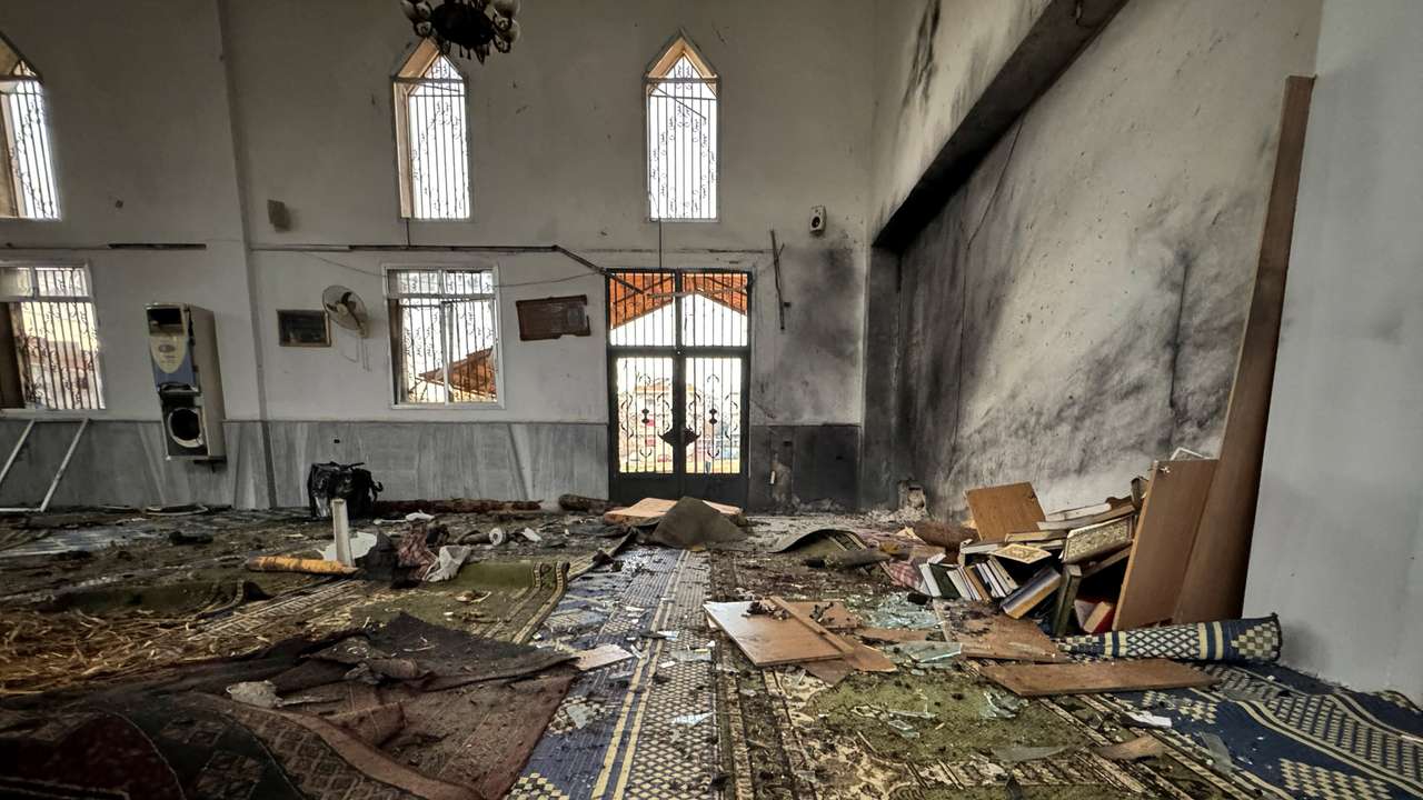 A view shows an interior of a damaged mosque after several people were killed in an explosion at a mosque of the Alawite minority sect in Homs