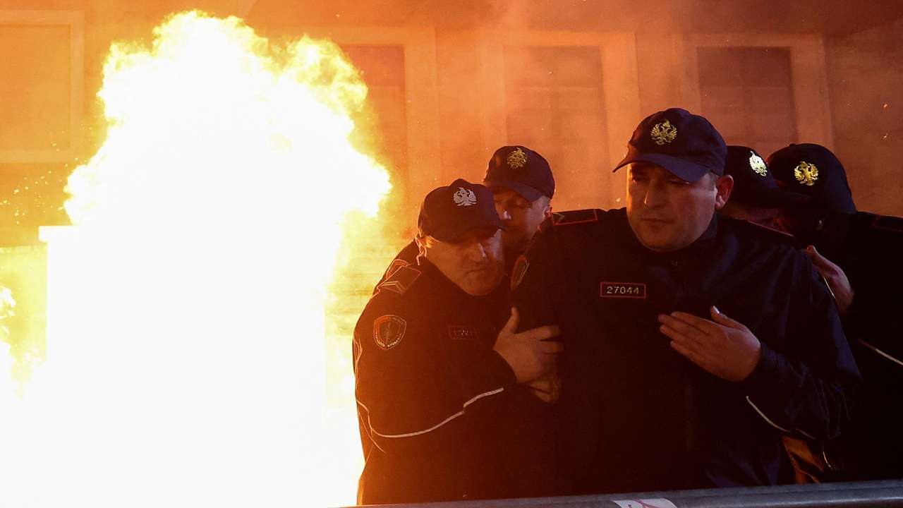 Supporters of the opposition attend an anti-government protest in front of Albanian PM Rama's office in Tirana