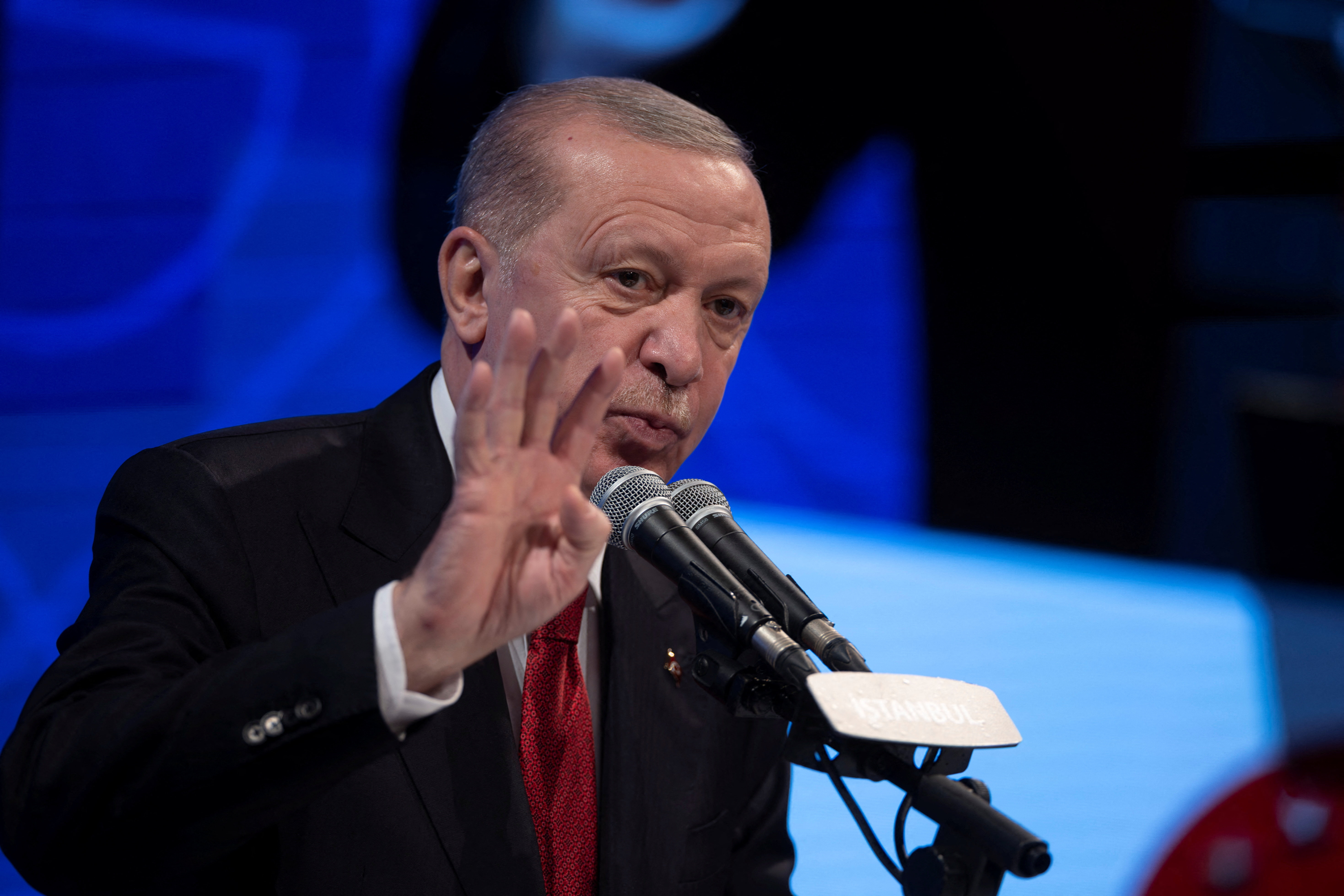 Turkish President Tayyip Erdogan delivers a speech at Bogazici University in Istanbul