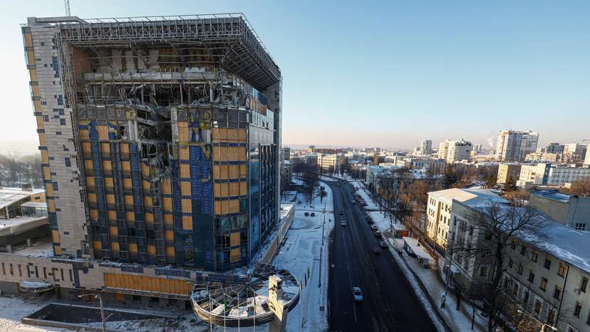 A view shows Kharkiv Palace Hotel, damaged during one of the latest Russian missile strikes, in Kharkiv