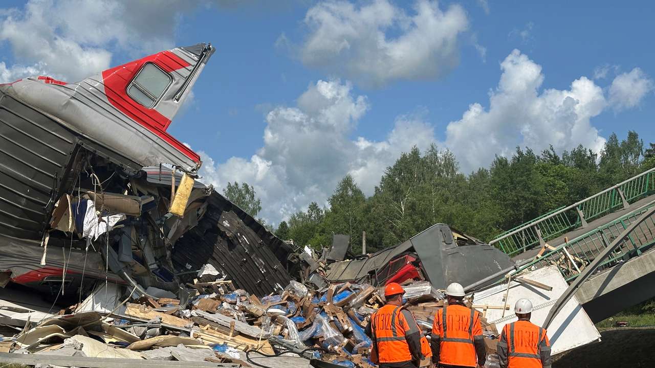 Aftermath of bridge collapse and train derailment in Russia's Bryansk region