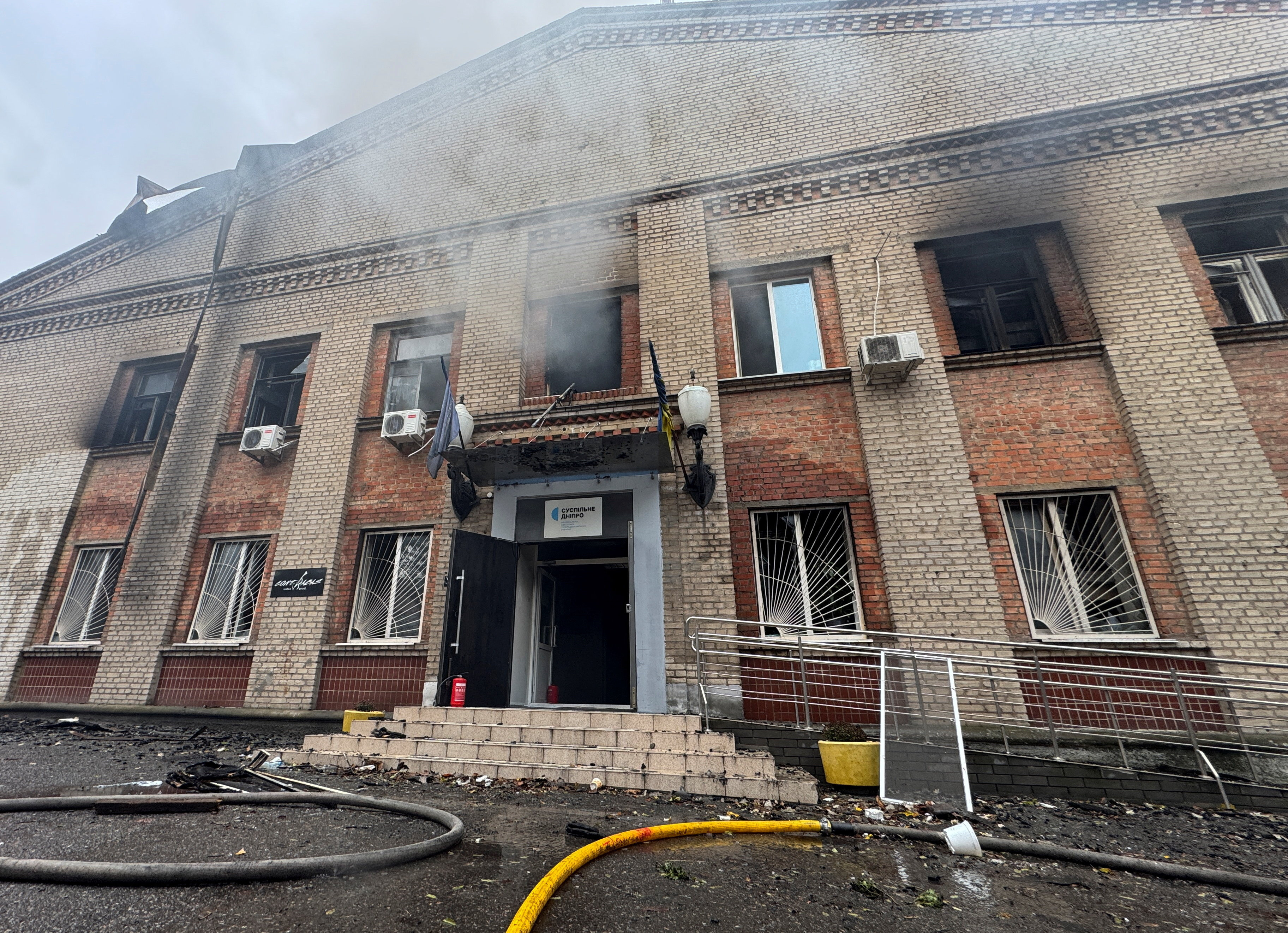 The building of the Dnipro newsroom of public broadcaster Suspilne hit by a Russian drone strike in Dnipro