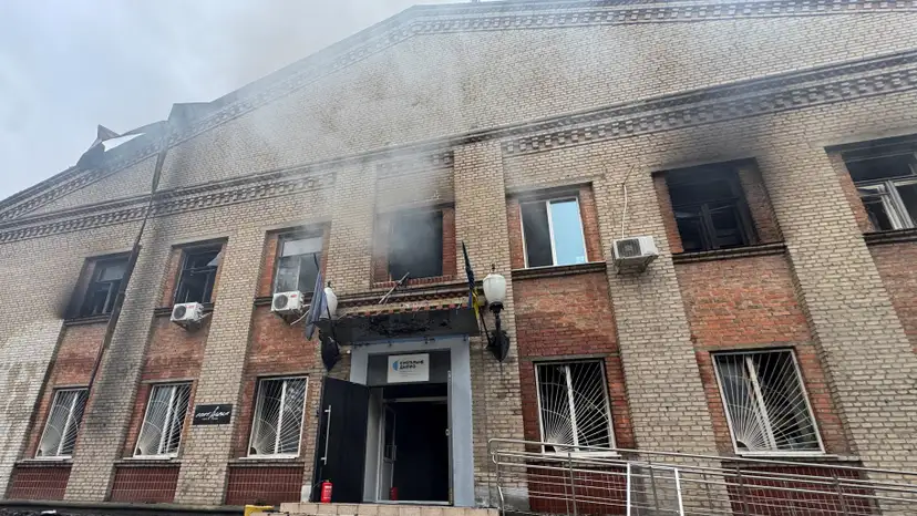 The building of the Dnipro newsroom of public broadcaster Suspilne hit by a Russian drone strike in Dnipro