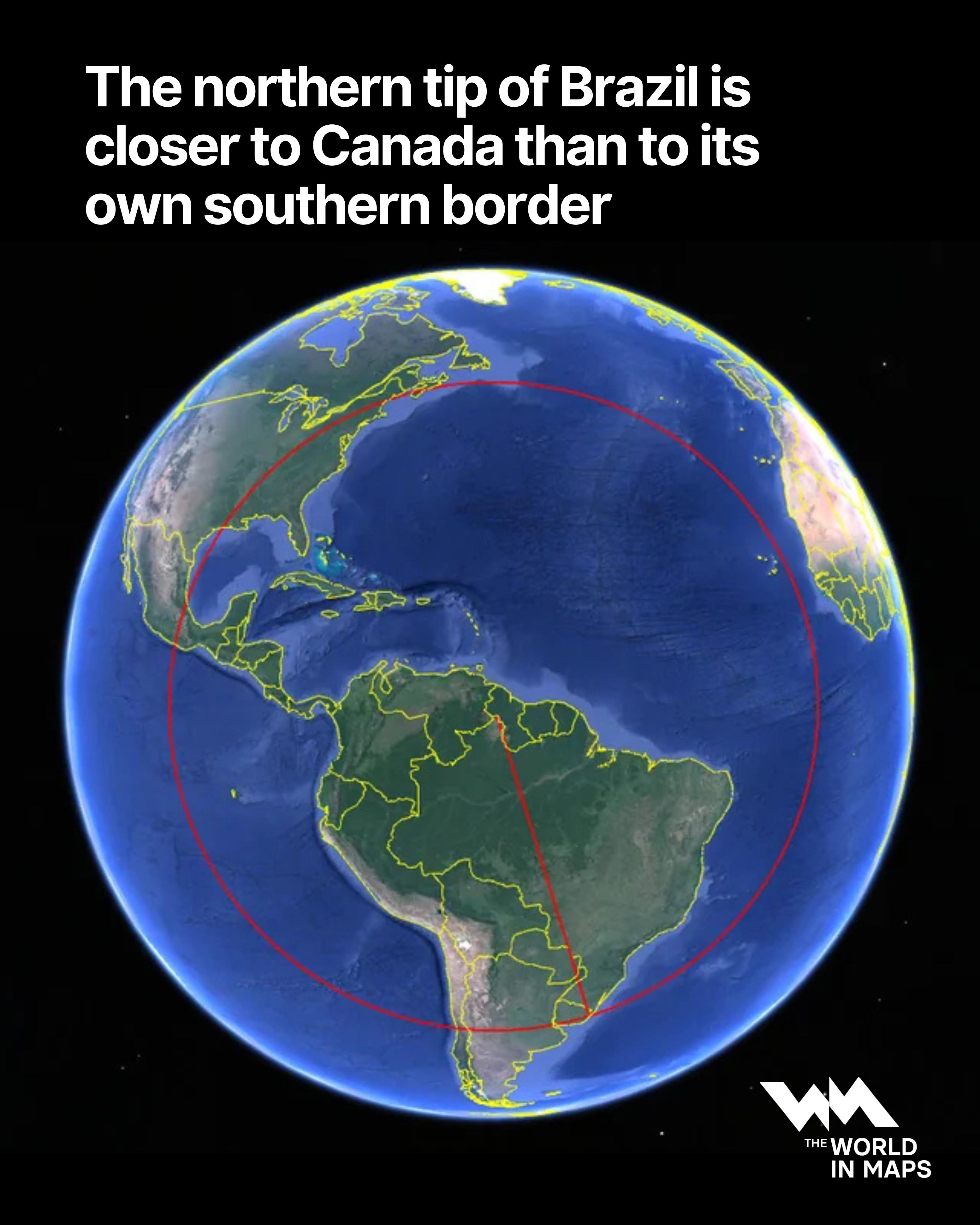 Brazil's northernmost point is closer to Canada than to Brazil's southern border