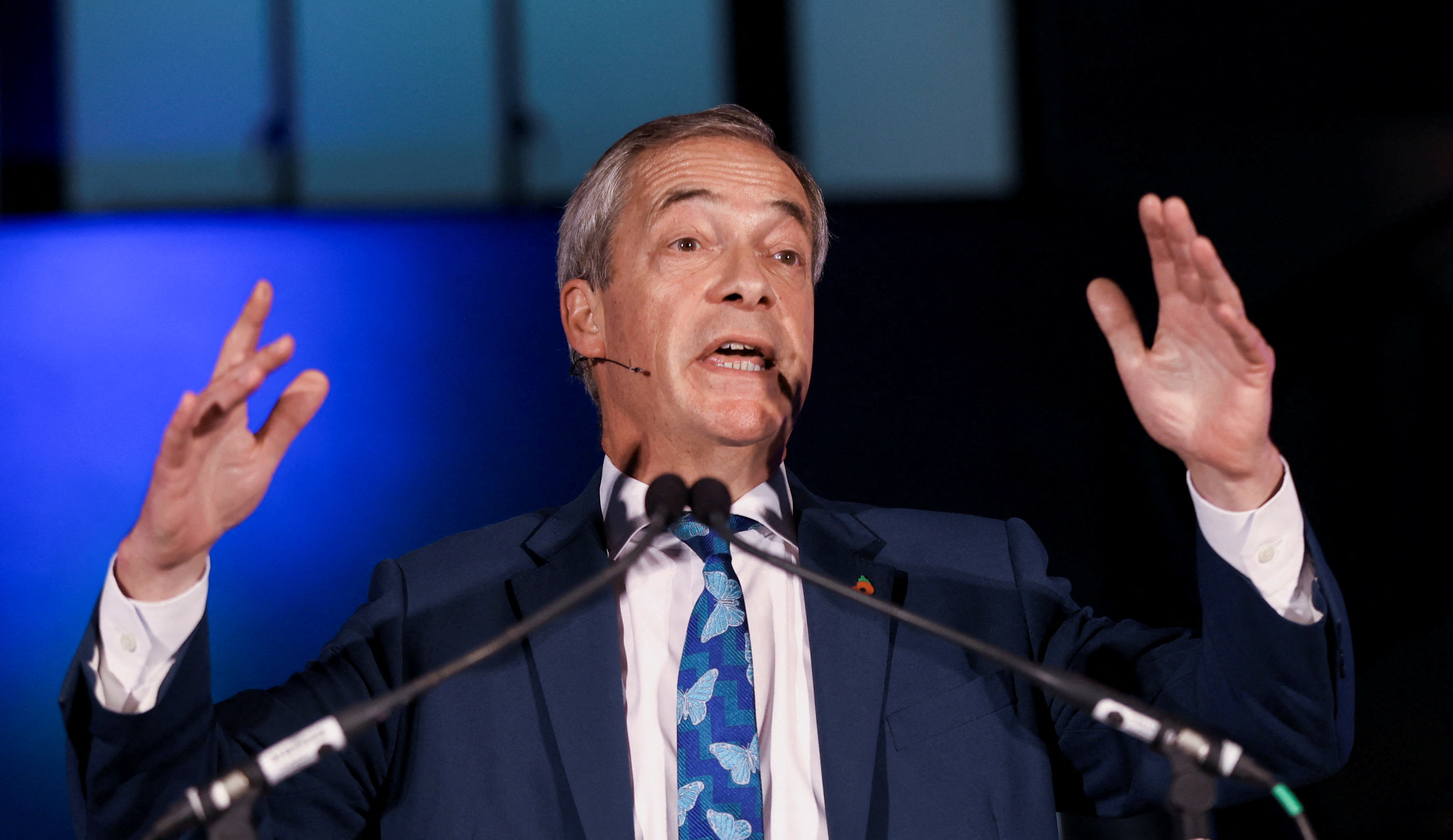 Leader of Reform UK party Nigel Farage delivers speech in London
