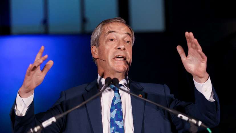 Leader of Reform UK party Nigel Farage delivers speech in London