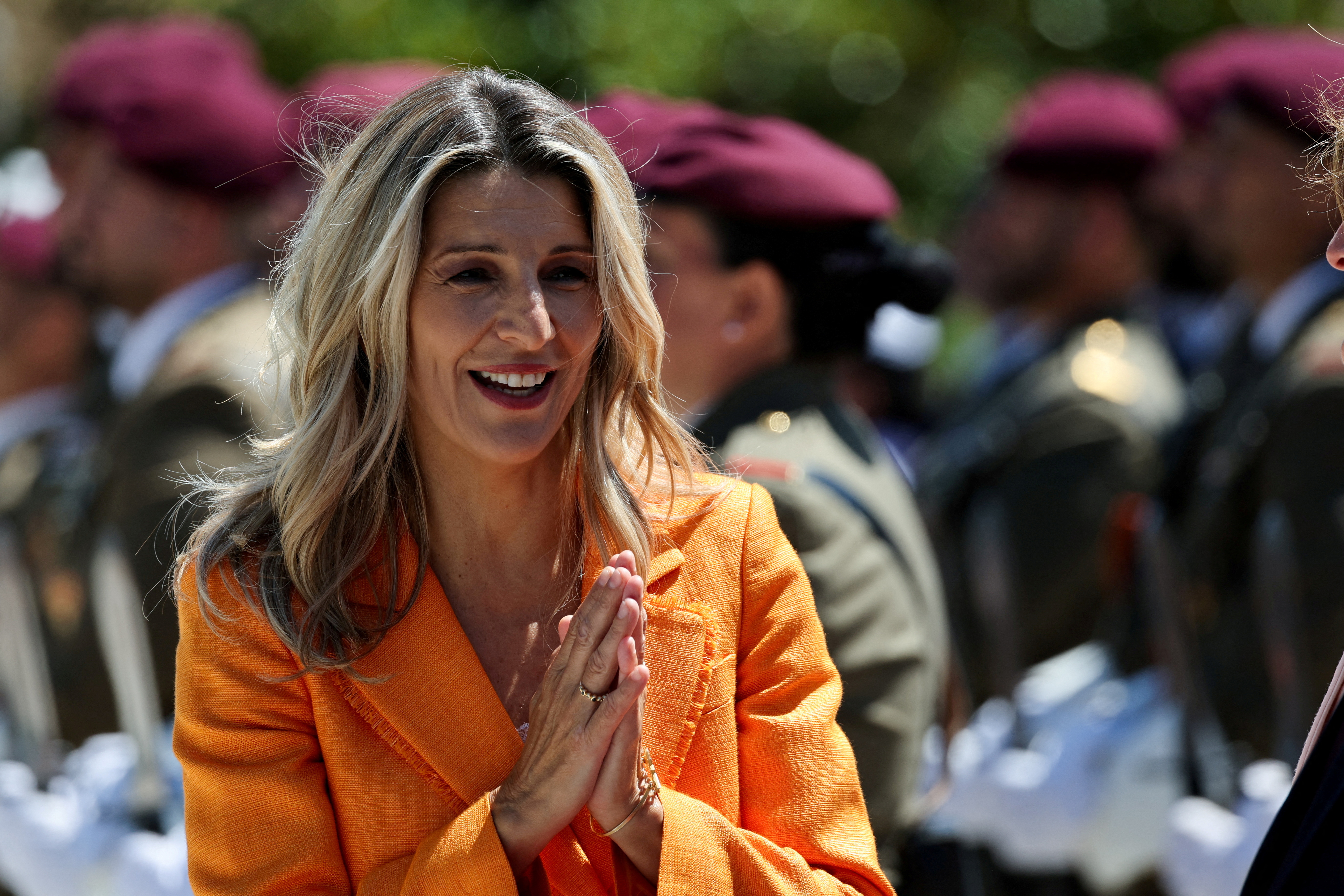 FILE PHOTO: Spanish Labour Minister Yolanda Diaz gestures at an event whereby Spanish Prime Minister Pedro Sanchez welcomes Turkey's President Tayyip Erdogan in Madrid