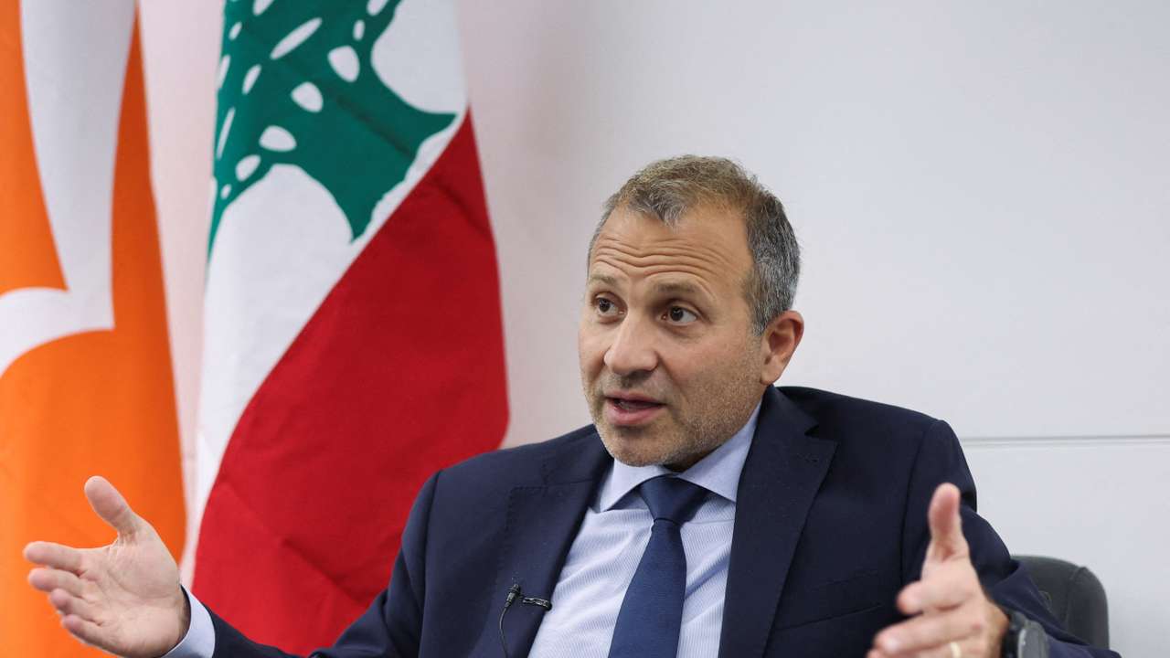FILE PHOTO: Gebran Bassil, a Christian member of parliament and former minister gestures as he speaks during an interview with Reuters in Sin-el-fil