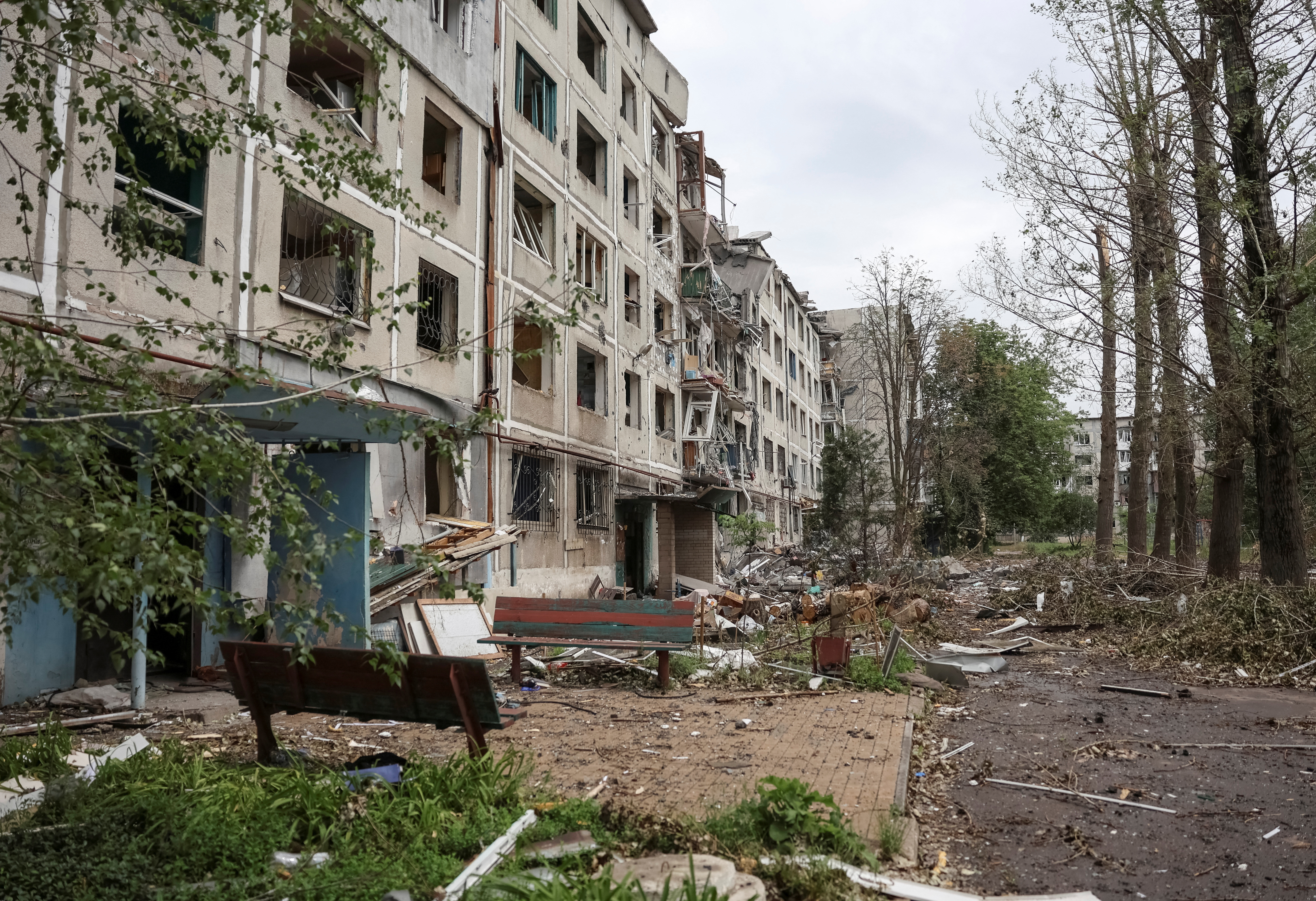 A view shows apartment buildings damaged by Russian military strikes in the frontline town of Myrnohrad