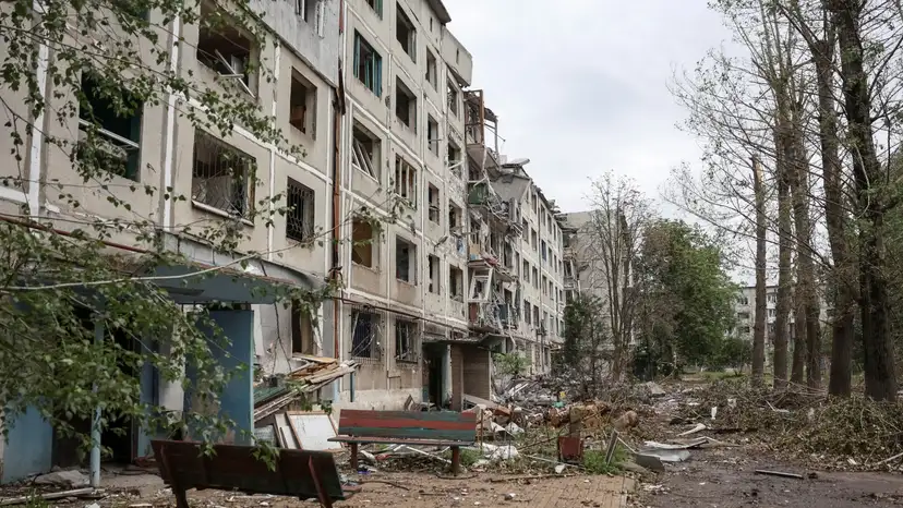 A view shows apartment buildings damaged by Russian military strikes in the frontline town of Myrnohrad