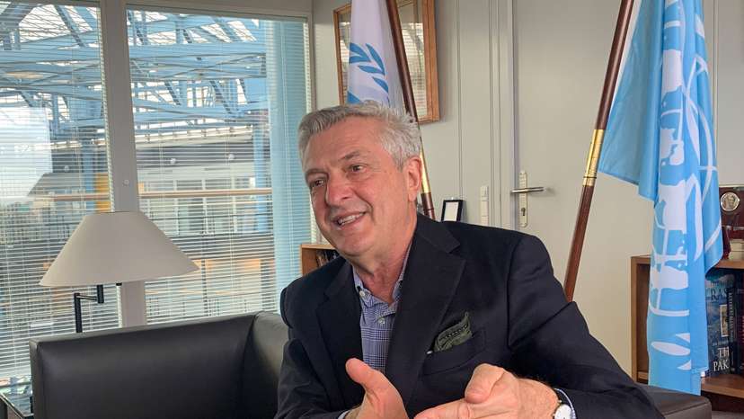 Grandi, UN High Commissioner for Refugees, attends interview with Reuters ahead of Refugee Forum, in Geneva