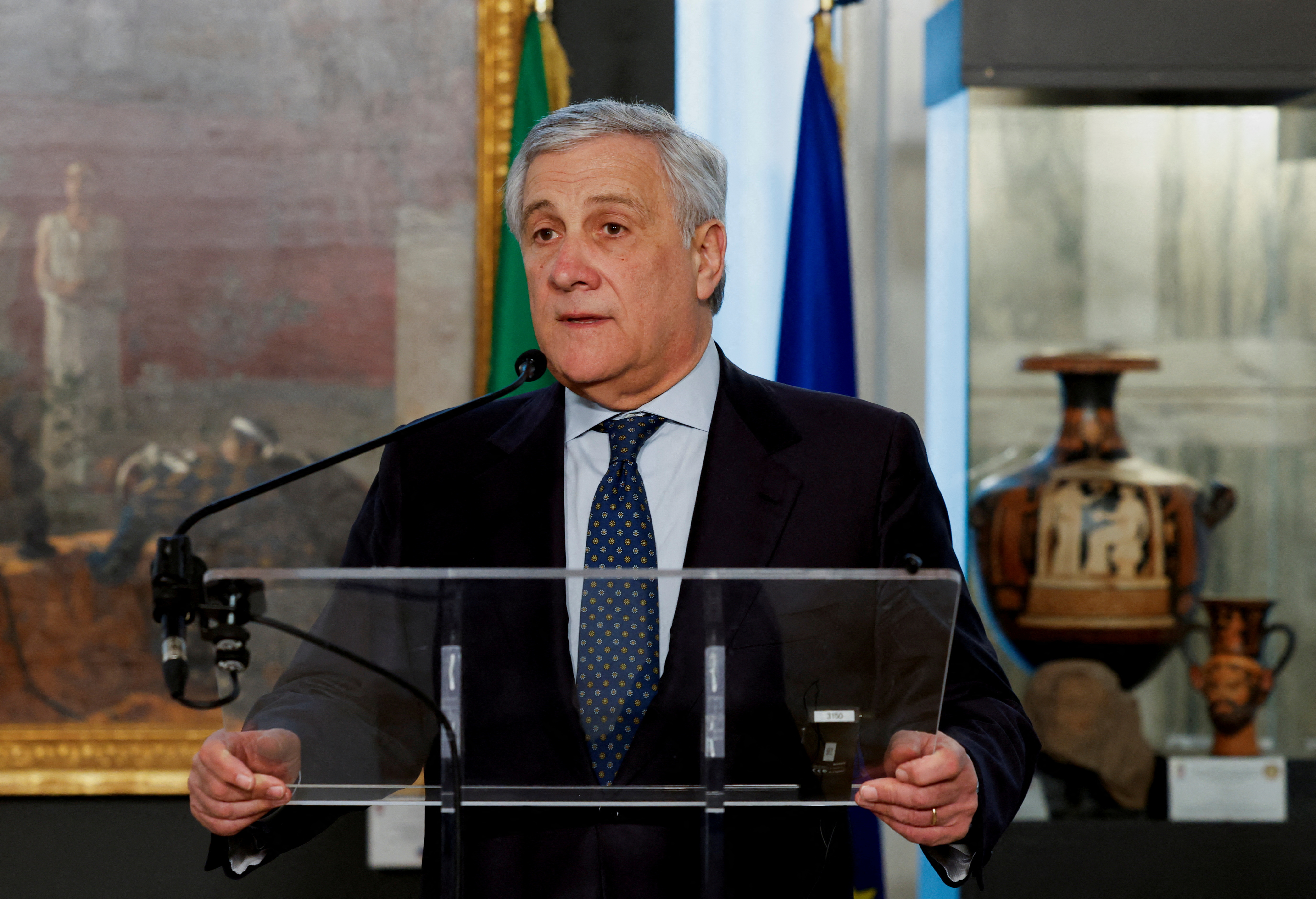 FILE PHOTO: Italian Foreign Minister Antonio Tajani holds a press conference with British Foreign Secretary David Cameron in Rome