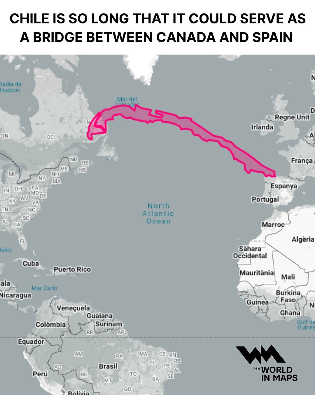Chile is so long that it could serve as a bridge between Canada and Spain across the Atlantic Oc